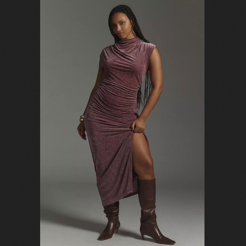 Anthropologie The Maya Ruched Cowl-Neck Dress: Velvet Edition Mauve Tonal 3X New